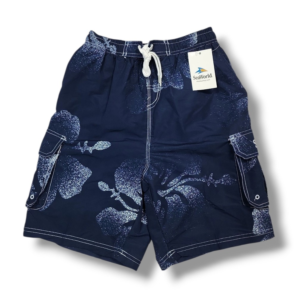 New Sea World Swim Trunks Shorts Navy‎ Blue & White Boy's Size M 10/12